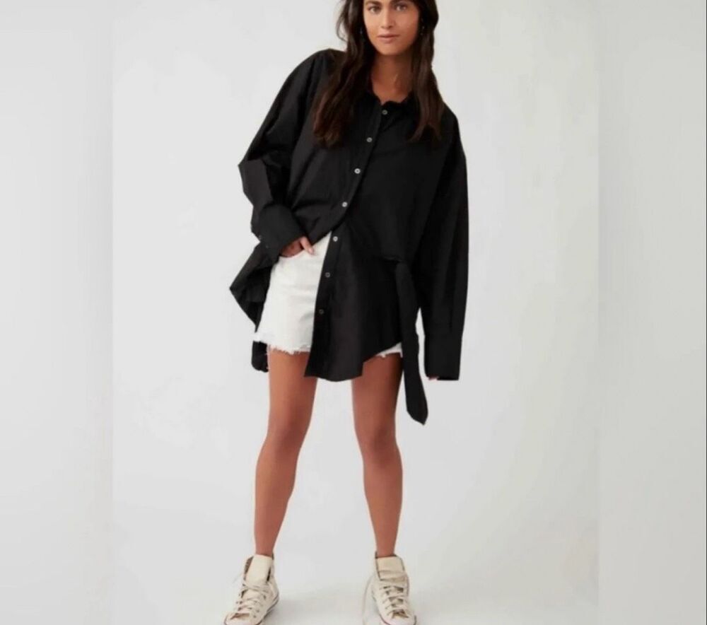 NWT We The Free People Freya Poplin Tunic Blouse Top Black Button Fray